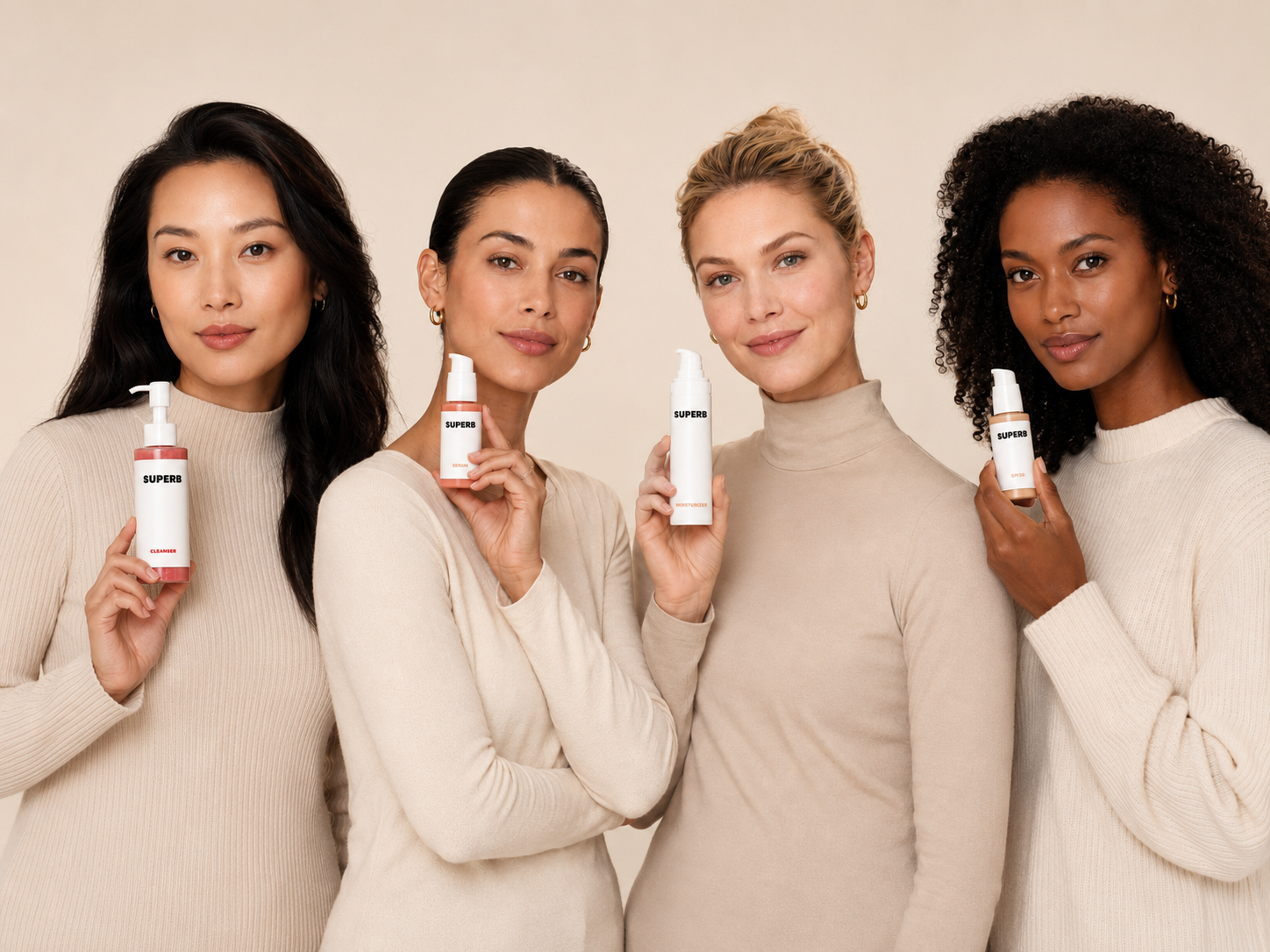 Four different women holding the SUPERB Cleanser, Serum, Moisturizer and SPF30