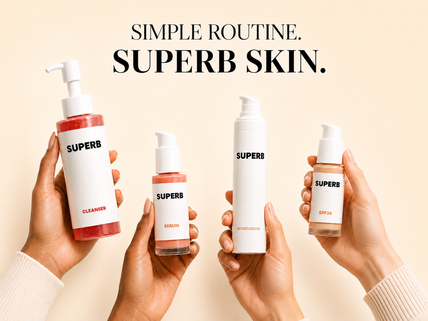 SIMPLE ROUTINE. SUPERB SKIN. Hands holding the four SUPERB skincare products.