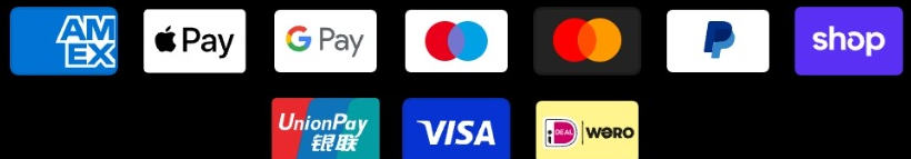 AMEX, Apple Pay, Google Pay, Maestro, Mastercard, PayPal, Shop Pay, UnionPay, Visa, iDEAL and Wero