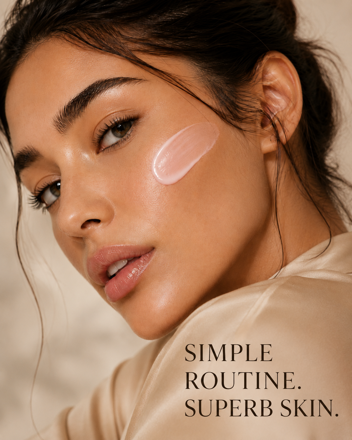 Close-up skincare portrait of a woman with covered upper body, pink cream on her cheek, with the slogan Simple Routine. Superb Skin. in espresso text.